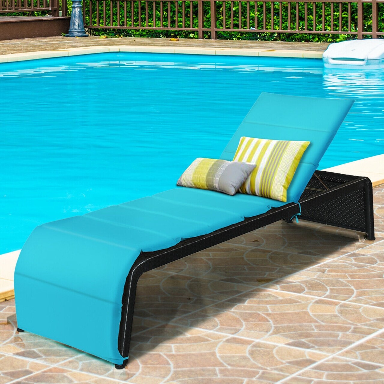 Patio Rattan Lounge Adjustable Back Chair Chaise Recliner with Cushioned